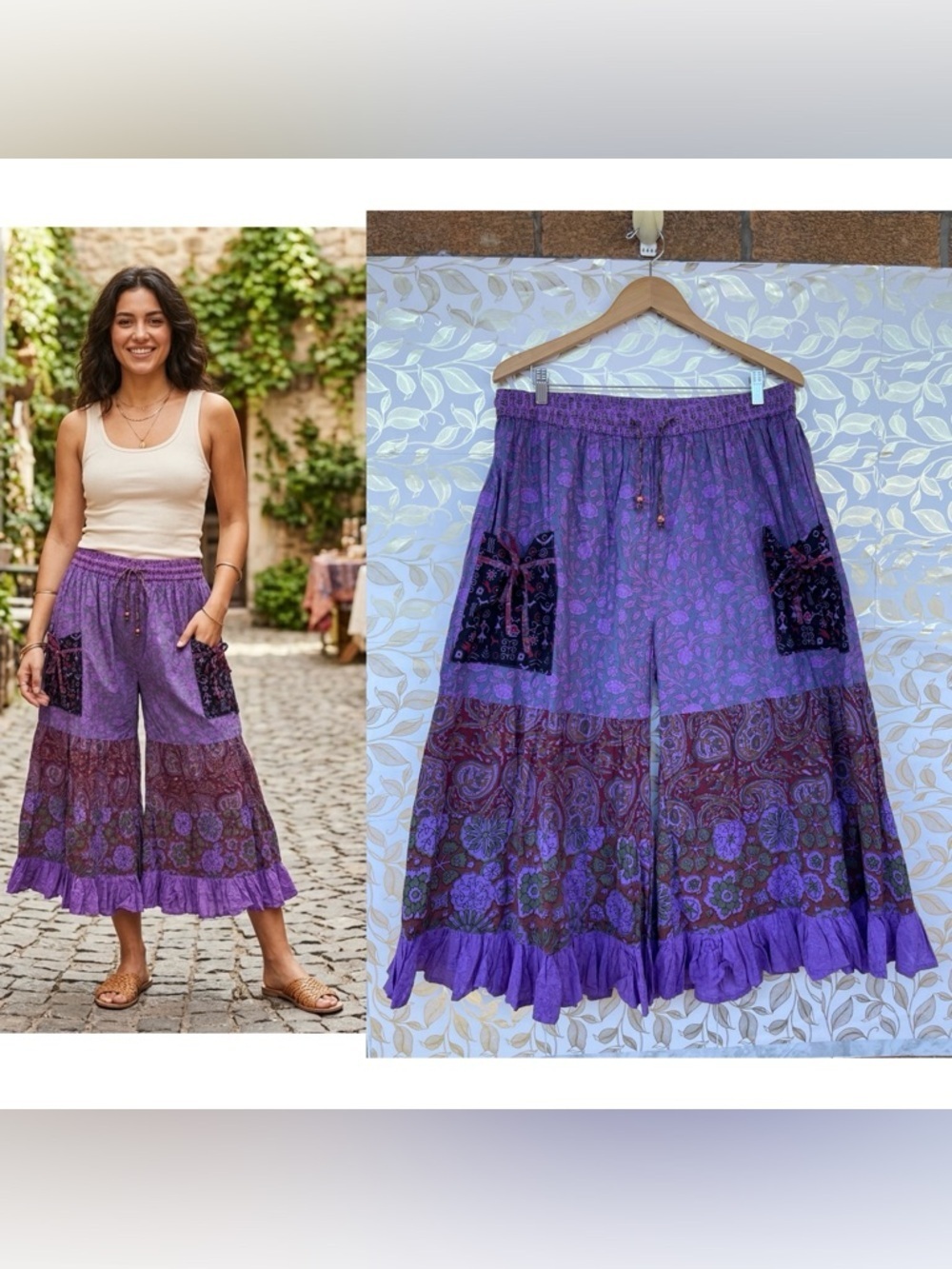 Hippie Forever Boho Purple Floral Wide Leg Palazzo Pants Plus L/1X Whimsigoth